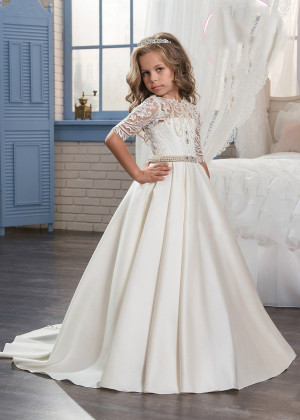 Beaded Ivory Lace Satin Keyhole Corset Back Long Flower Girl Dress